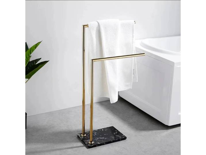 Porte-serviettes sur pied avec base en marbre, support de serviettes de luxe pour hôtel, barre porte-serviettes en or brossé, étagère de rangement autoportante