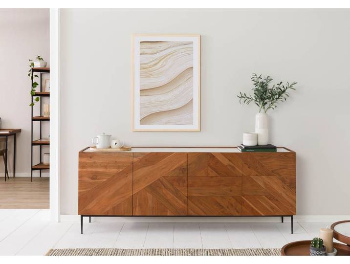 Sideboard Akazie 200x40x76 natur lackiert / Marmor weiß KARLSTAD #16
