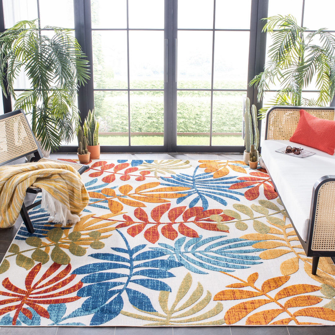 Blue Elephant Floral Indoor / Outdoor Area Rug Red;Creme Rectangle 122 x 183cm