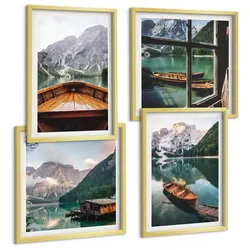 BILDER SET 4er Set - 50x50 cm & 40x60 cm Goldrahmen - See, Berge, Boote, Hütte, Fenster