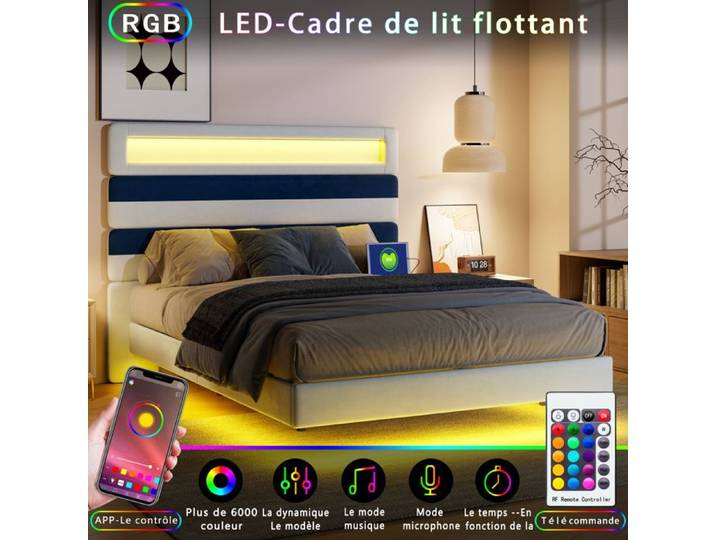 Lit Double 140 x 190 cm Adulte Flottant Intelligent LED RGB & Prise USB Tête de lit Velours Personnalisable Blanc & Noir