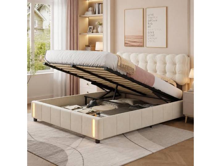 Lit coffre 140×200 cm lumière LED lit double rembourré rangement hydraulique cadre de lit 140×200 sommier à lattes Velours Beige