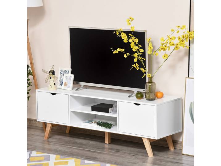 HOMCOM Meuble TV Scandinave Blanc 150x39x50cm 2 Portes