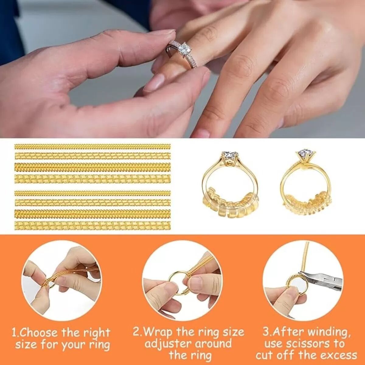 INF Kit ajusteurs invisibles spirale or - Ajusteurs de taille de bague transparents TPU+PC, 4 types de bobines (2 pièces