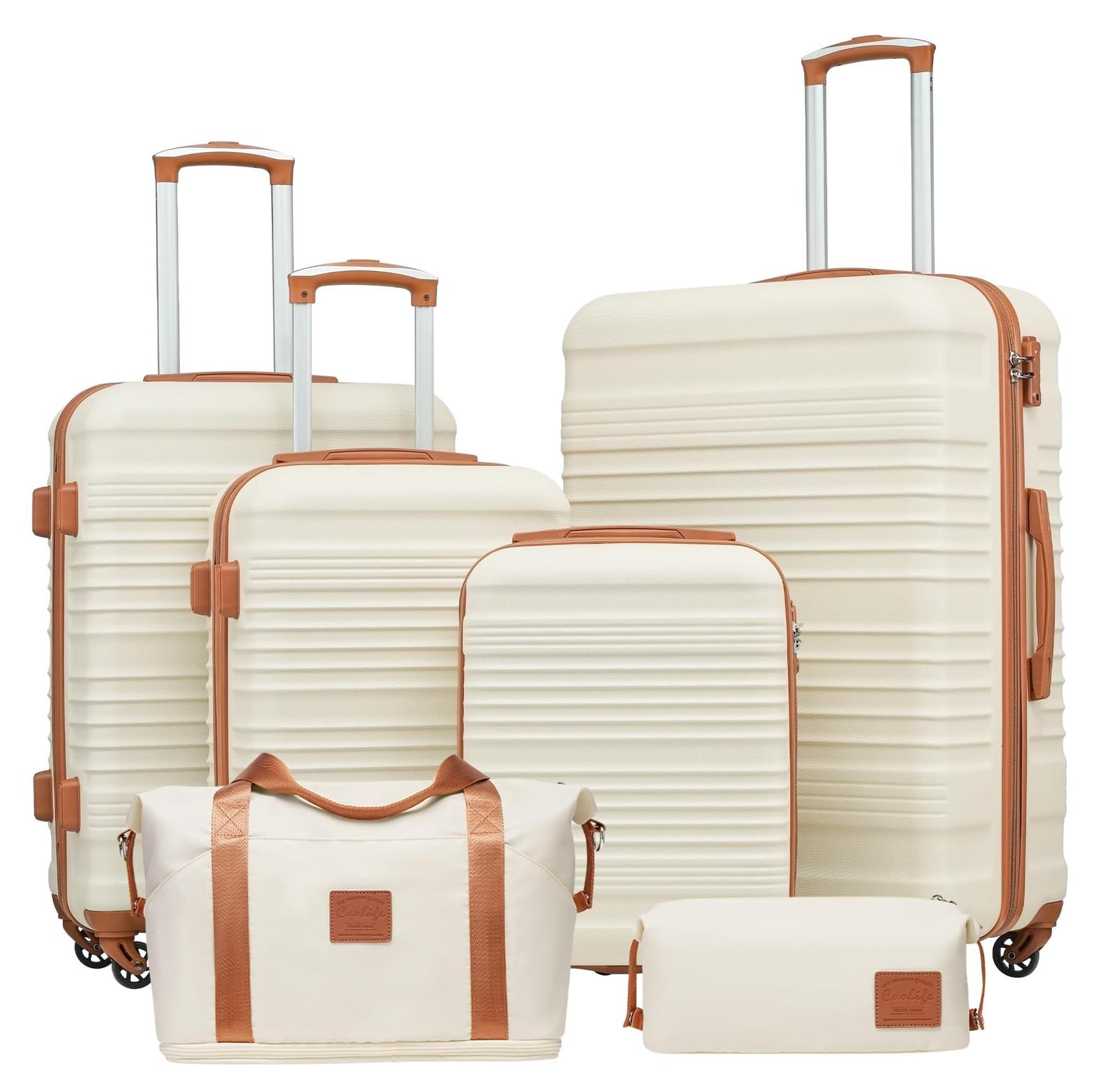 Koffer Set Reisekoffer Trolley-Set - ABS Hartschale - 4 Rollen - Weiß und Braun - 6-teilig