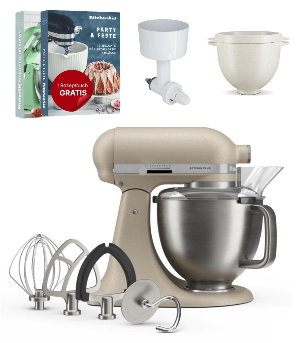 KitchenAid 4,7 L 5KSM50 Artisan Plus Küchenmaschine Breadlover mit Messerschmidt Getreidemühlenvorsatz + Brotbackschüssel Oat
