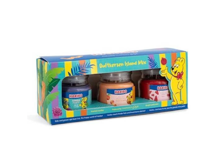 Haribo Islande Lot de 3 bougies parfumées fruitées - Cadeaux pour femme - pour la maison - parfumées de 85 g dans un verre