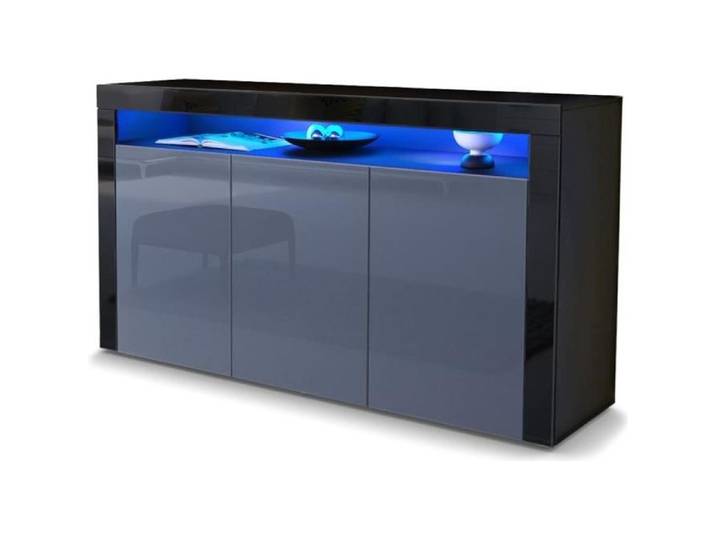 Vladon Buffet Commode Valencia en Noir mat - Gris haute brillance - Noir haute brillance