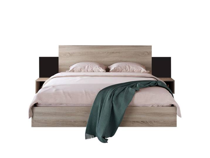 Redom Doppelbett 160/200 cm mit 2 integrierten Nachtkommoden und Lattenrost, Massivholz in Sonoma-Eiche/Dunkelgrau, Holz, 160x200 cm, Schlafzimmer, Betten, Polsterbetten