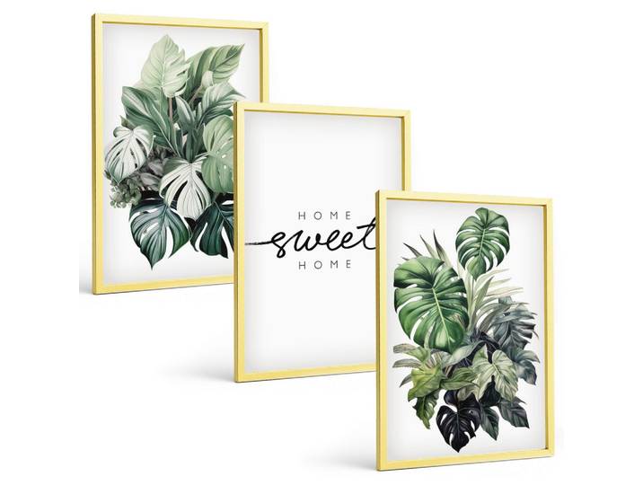 BILDER SET 3er Set - 40x60 cm Goldrahmen - Pflanzen mit der Aufschrift „Sweet Home“