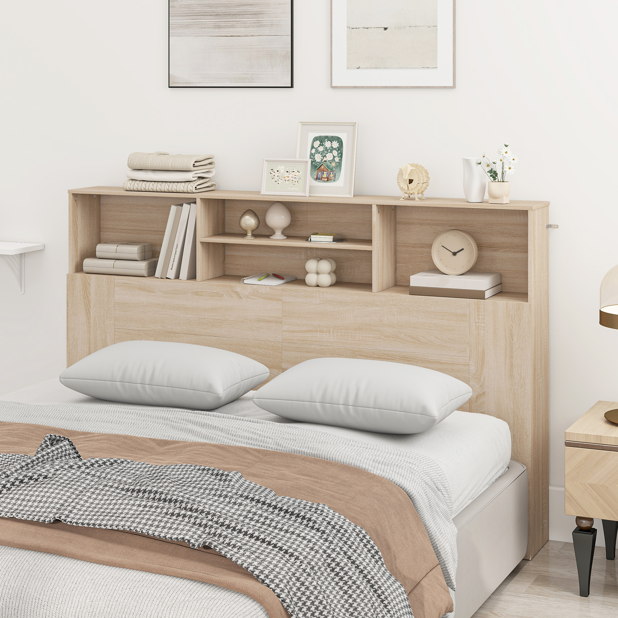 Homcom Testiera autoportante con ripiani, accessorio letto e 4 scomparti aperti, 160x20,2x108,2 cm, legno naturale   Aosom Italy