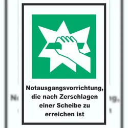 HB-Druck Notausgangsvorrichtung die nach Zerschlagen einer Scheibe zu erreichen ist A5 Rückseite selbstklebend Schild