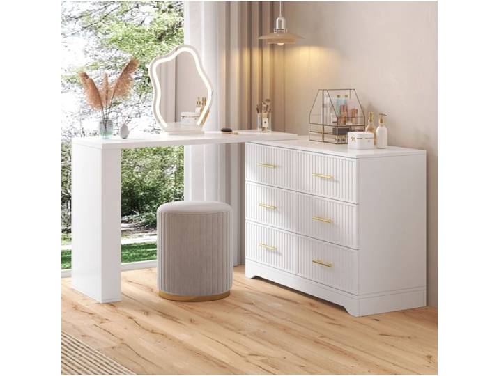 HOMVRA Coiffeuse pivotante en L avec miroir LED 6 tiroirs blanc et doré 110x40x129 cm