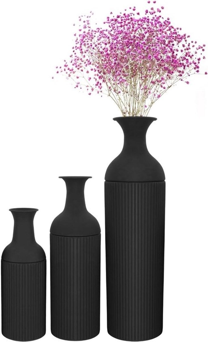 Set van 3 grote vloervazen in zwart metaal voor moderne decoratie