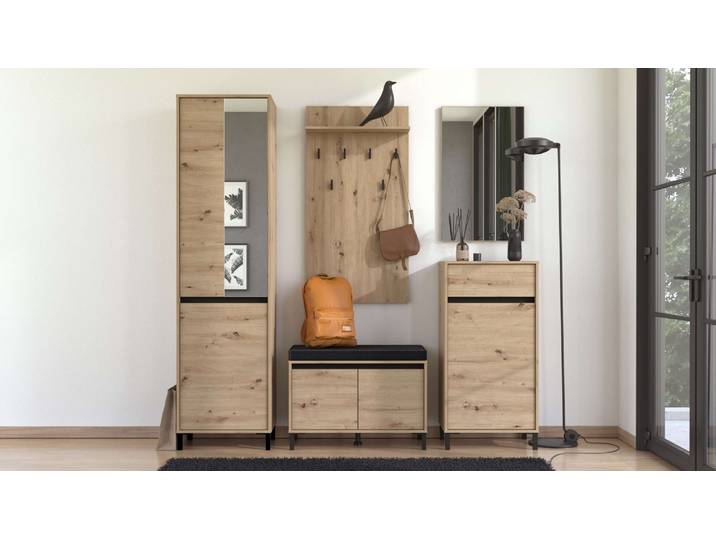 Garderoben-Set HOME AFFAIRE Arran Flurmöbel, Dielenmöbel, Flurschrank, Flurgarderobe Breite 189 cm , braun (artisan eiche), B:189cm H:205,5cm T:40cm, Glas, Holzwerkstoff, Kunststoff, MDF, Metall, Kastenmöbel-Sets, Garderoben-Set, inkl. 2 Schränke, Sitzbank mit Kissen, Garderobenpaneele und Spiegel