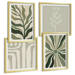 BILDER SET 4er Set - 50x50 cm & 40x60 cm Goldrahmen - Pflanzenmuster grüner Minimalismus