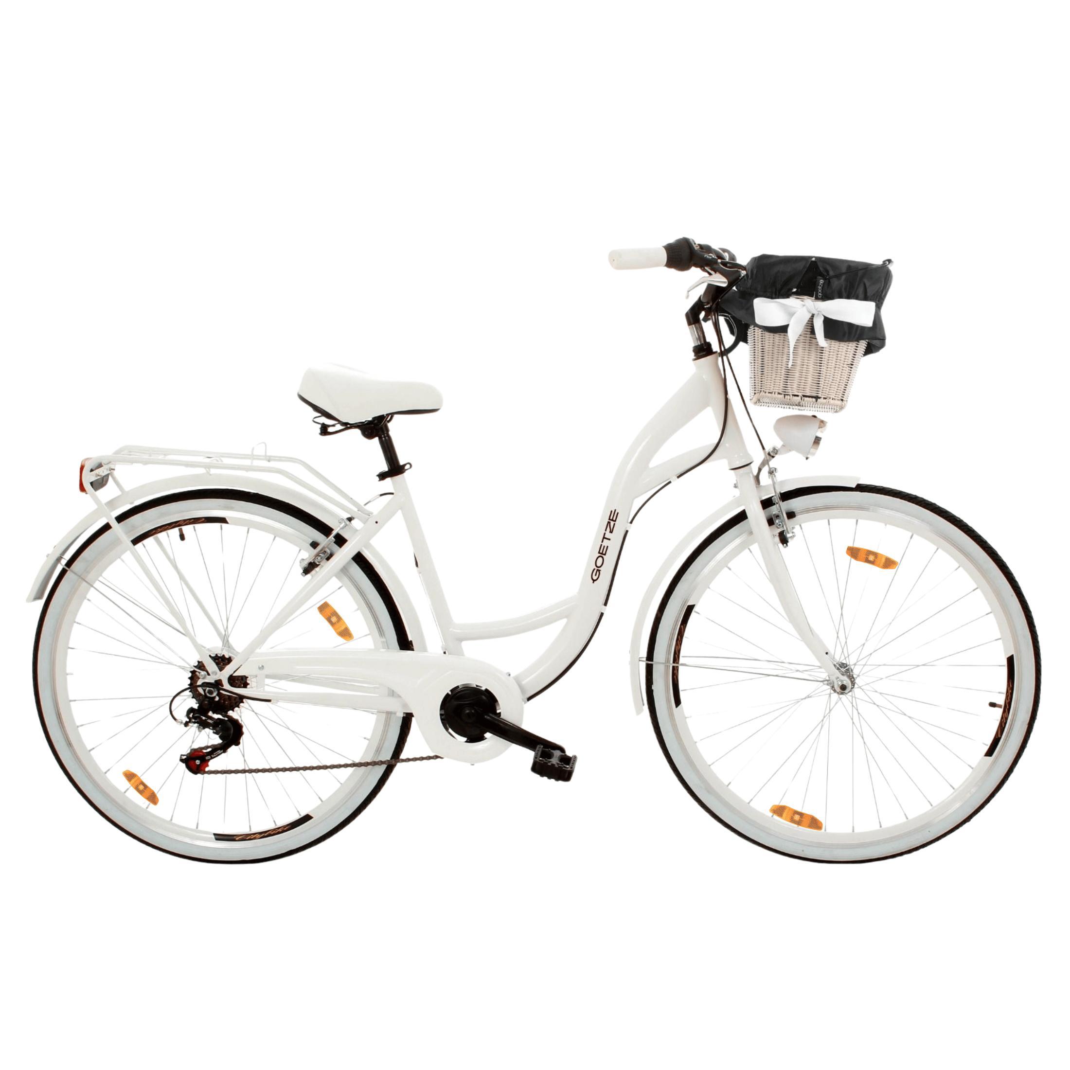 Goetze Mood 28 Zoll City Bike, 18 Zoll ALU Tiefeinsteigerrahmen, 7-Gang Shimano, V-Bremse, LED-Beleuchtung, Komfortsattel, Rattankorb