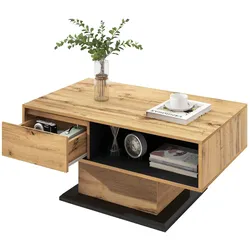 OKWISH Couchtisch 100x60x47 cm Eiche Anthrazit moderner Wohnzimmertisch mit Schublade und offenem Stauraum melaminbeschichtet grifflos elegantes Design