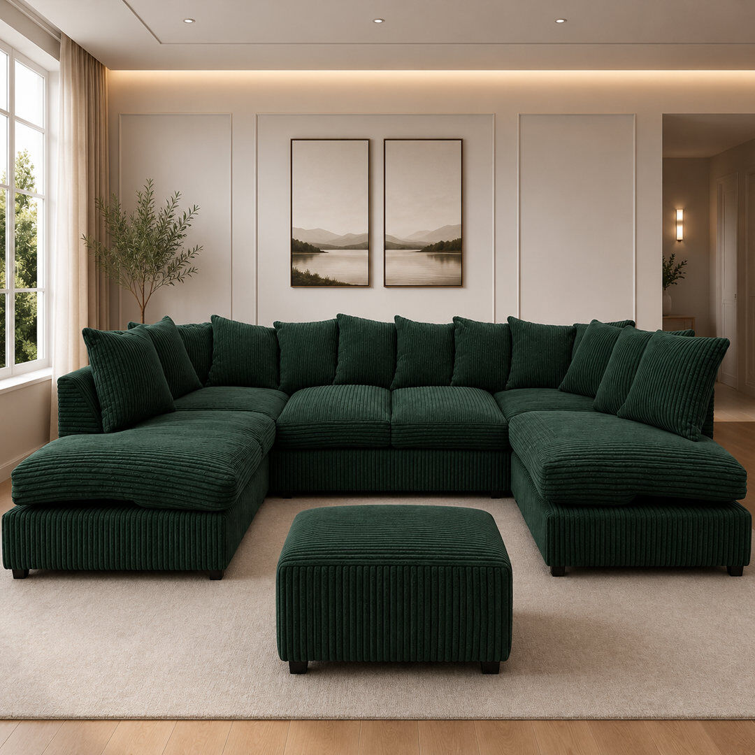 Latitude Run 5 Seater Corduroy Corner Sofa Forest Green 90cm H X 275cm W X 167cm D