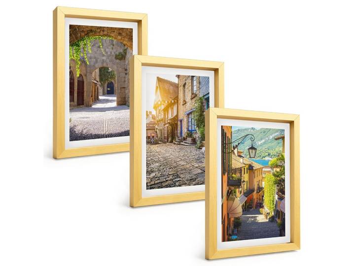 BILDER SET 3er Set - 20x30 cm Goldrahmen - Charmante Steinstraßen