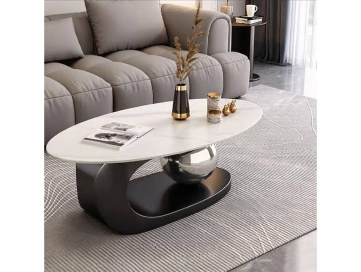 Couchtisch Oval,Moderner Wohnzimmertisch Aus Sinterstein und Eisen mit Optionalem Rundem Beistelltisch,Schwarzes C-Förmiges Gestell,Metallkugel,für Wohnzimmer B