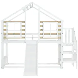MODFU Etagenbett aus Massivholz und MDF in Weiß/Natur, 90x200 cm, mit Rutsche, Treppe, Fenstern und Absturzsicherung
