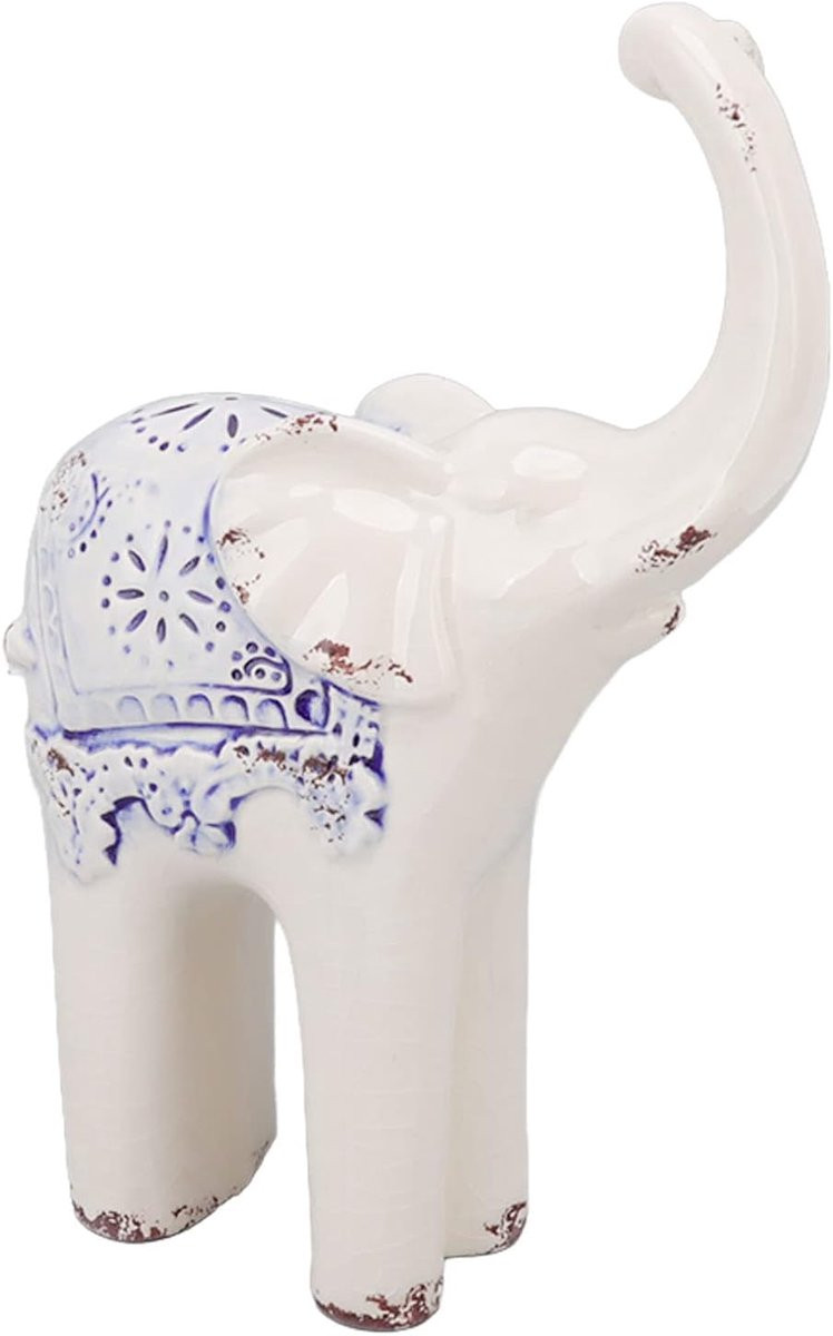 Keramische Olifant Decoratie - Blauw Wit Beeldje voor op de Tafel