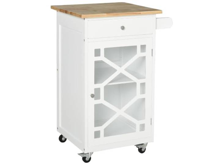 HOMCOM Chariot de Service à roulettes Dim. 63L x 45l x 86H cm Bois Blanc Desserte de Cuisine\, Tiroir\, Placard\, Porte-Serviette\, Meuble à Roulette