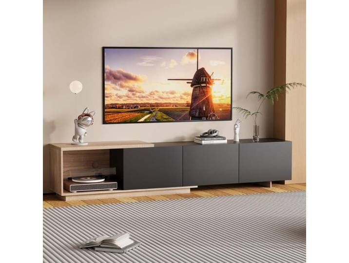 Meuble TV LED 240 cm Armoire e TéLéVision Banc TV Meuble TéLé de Salon Banc TV Moderne en Bois avec 3 Tiroirs Meuble Salon Noir