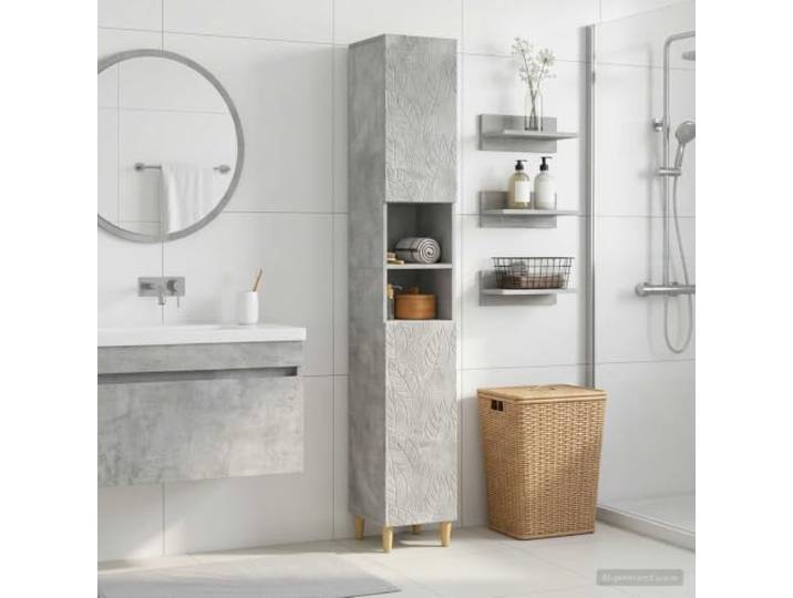 YUTAASU Badezimmerschrank mit offenem Regal Delft Betongrau Holzwerkstoff, feuchtigkeitsresistent, platzsparend, Tür beidseitig montierbar