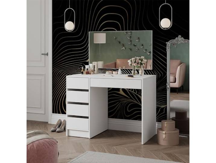 Vicco Schminktisch Thalia, Weiß 100 cm Spiegel · 5 Schubladen · Freistehend · Grifflose Optik · Viel Stauraum