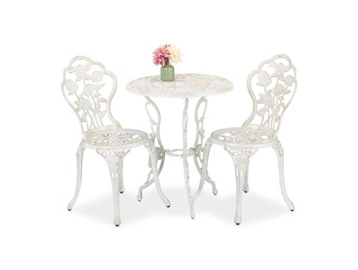 Relaxdays Gartenmöbel Set, 3-teilig, Tisch & 2 Stühle, Vintage Balkonmöbel, Aluguss, Garten Sitzgruppe, Farbwahl
