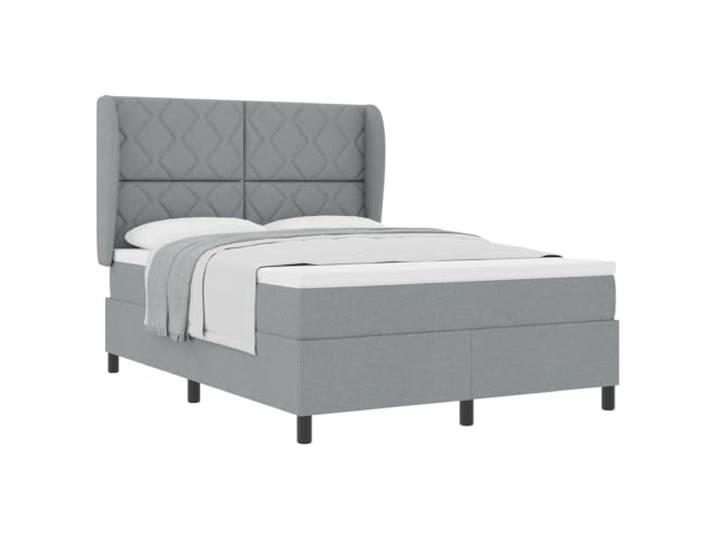 KTHLBRH Boxspringbett mit Kopfteil hellgrau 140 x 190 cm Stoff Kopfteil verstellbar 118-128 cm, Holzrahmen, mittlere Matratze, inklusive Topper, minimalistisches Design