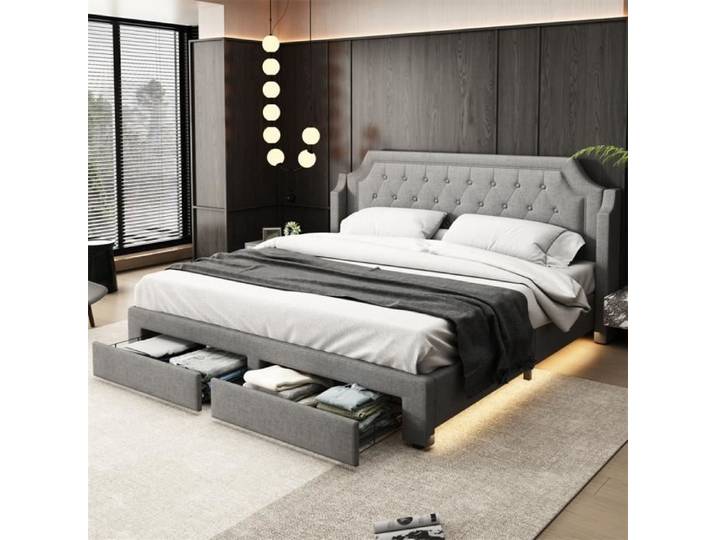 DRIPEX Lit rembourré LED 180×200 cm tissu en lin avec 2 tiroirs lit LED avec sommier à lattes et tête de lit Gris