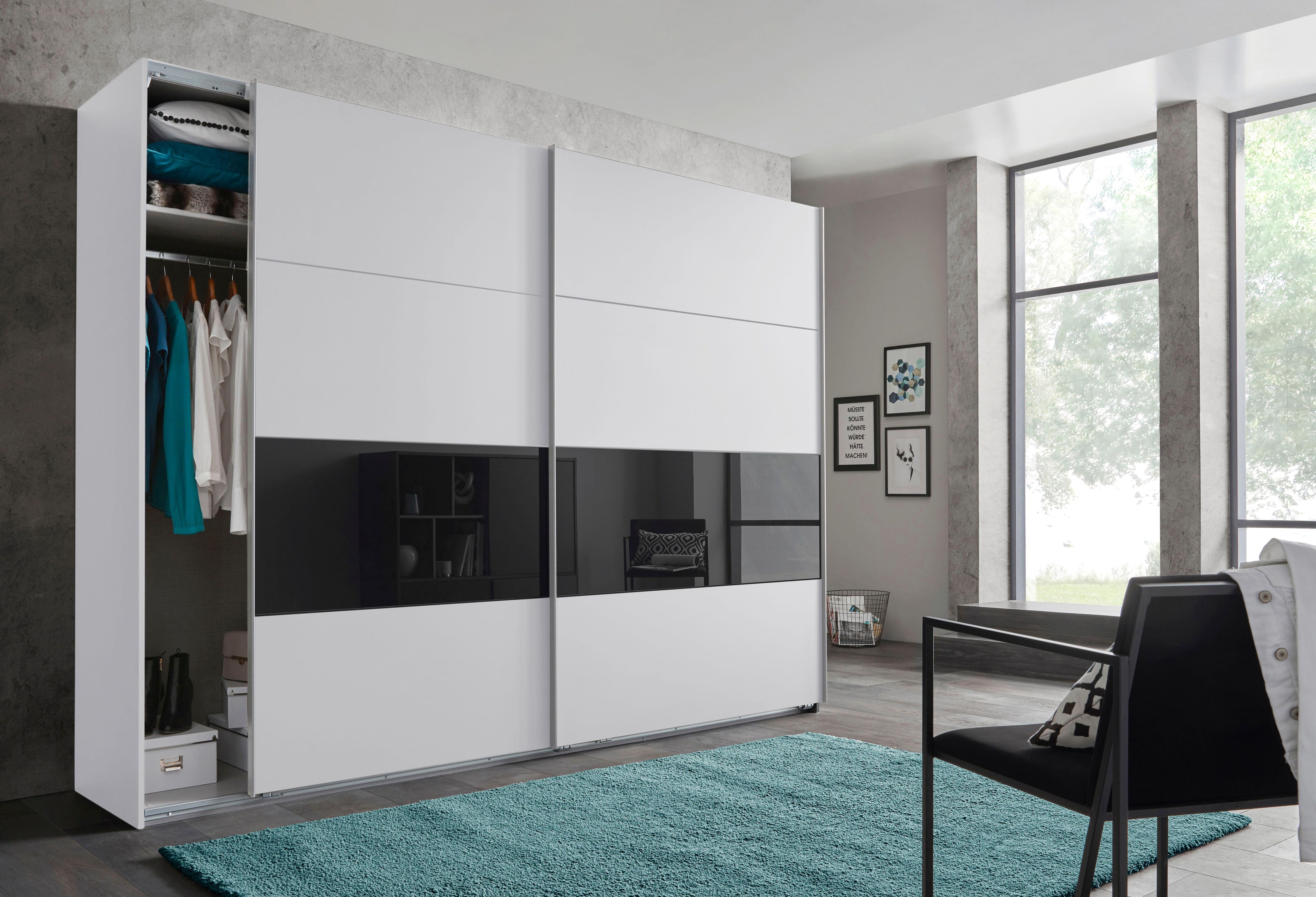 Schwebetürenschrank WIMEX "Bramfeld Kleiderschrank", schwarz (weiß, absetzung schwarzglas), B:270cm H:208cm T:64cm, Schränke, Schwebetürenschrank, mit Glaselementen und zusätzlichen Einlegeböden weiß, absetzung schwarzglas B/H/T: 270cm x 208cm x 64cm, Tür