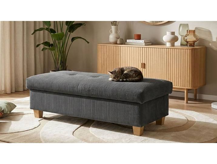 Hocker GOODPRODUCT Eggery 131 cm, mit grossem Staufach & bequem gepolstert , grau (dunkelgrau), B:131cm H:42cm T:61cm, 90% Polyester, 10% Nylon, Hocker, Hocker, Polsterhocker Egedal mit Staufach, passend zum Sofa