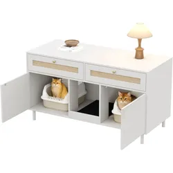 Merax Katzentoiletten-Schrank mit Sandfangmatte, Kommode mit Rattanschubladen, Katzenklo Schrank, 120x50x65 cm, Weiß