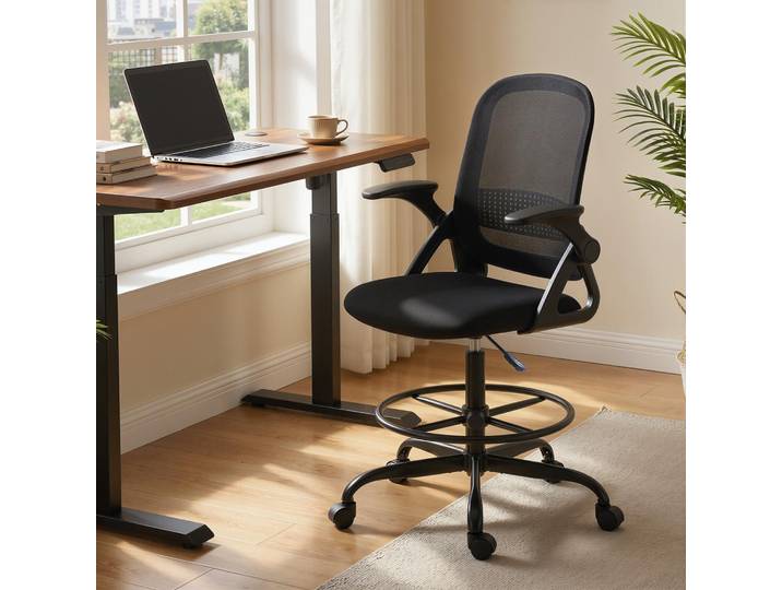 HOMCOM Chaise Bureau Maille Noir Réglable avec Repose-Pieds