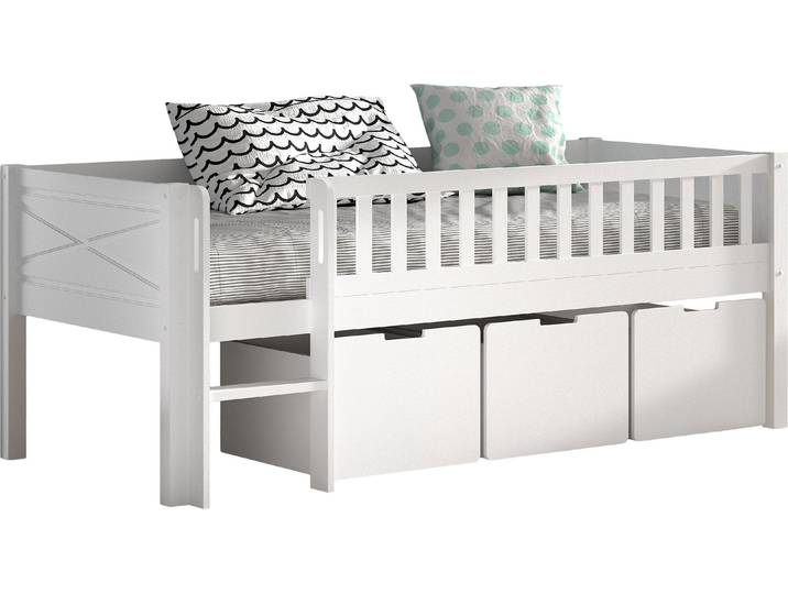 Spielbett VIPACK Scott mit niedriger Einstiegshöhe, inkl. Leiter und Rolllattenrost , weiss (weiß, weiß, weiß), B:104,7cm H:83cm L:208cm, Betten, Spielbett, in Kiefer massiv, weiss 90x200 cm, wahlweise ohne und mit Rollboxen