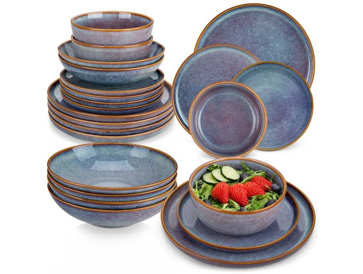 vancasso 12/16/18/24 pièces gris-bleu glaçure réactive assiettes en grès ensemble de vaisselle avec 4/6 pièces assiette à dîner/dessert/bol