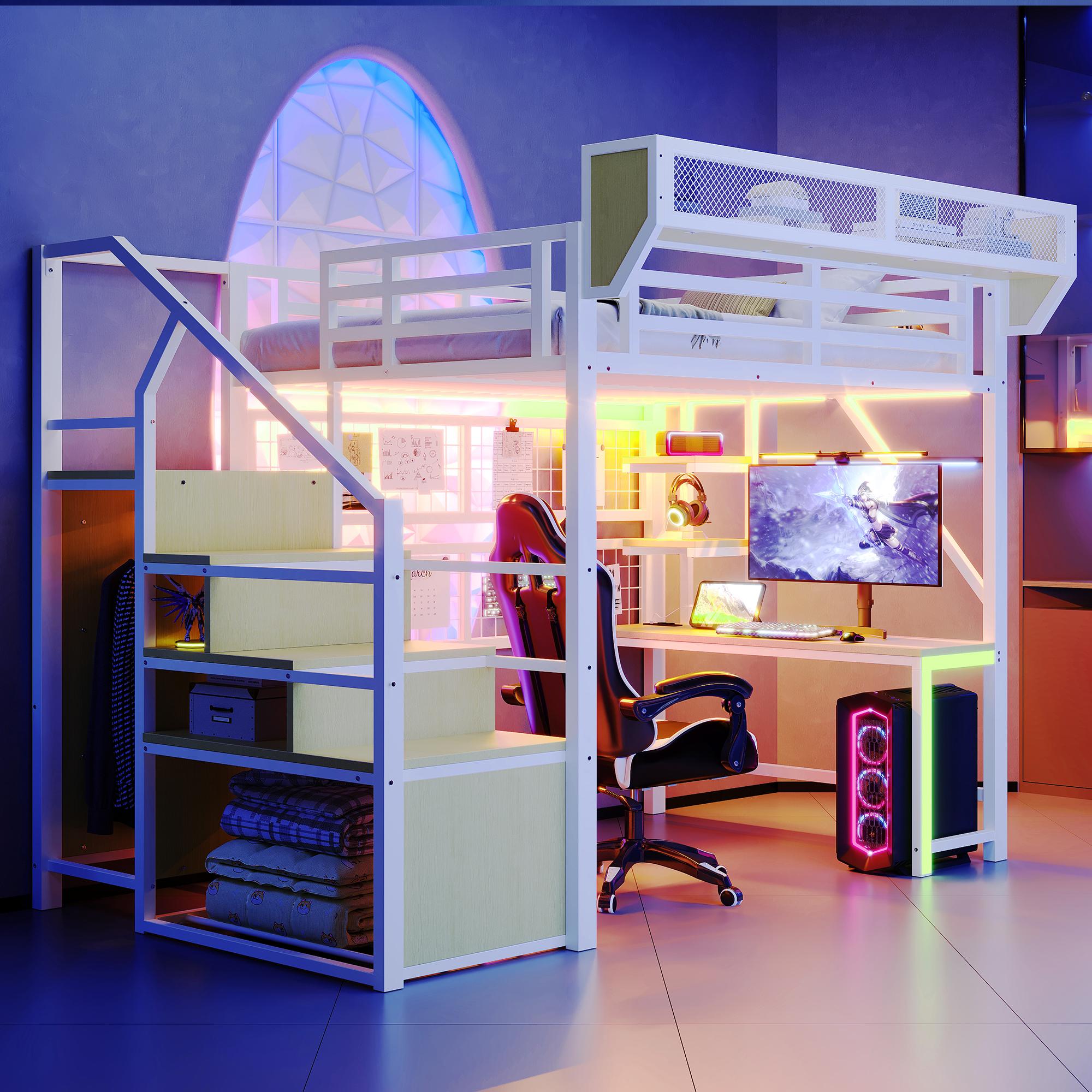 Merax Etagenbett Metall-Hochbett 140×200cm mit Schreibtisch und LED-Beleuchtung, Kinderbett mit Aufbewahrungsnetz,Sicherheitsleiter und Geländer,Weiß
