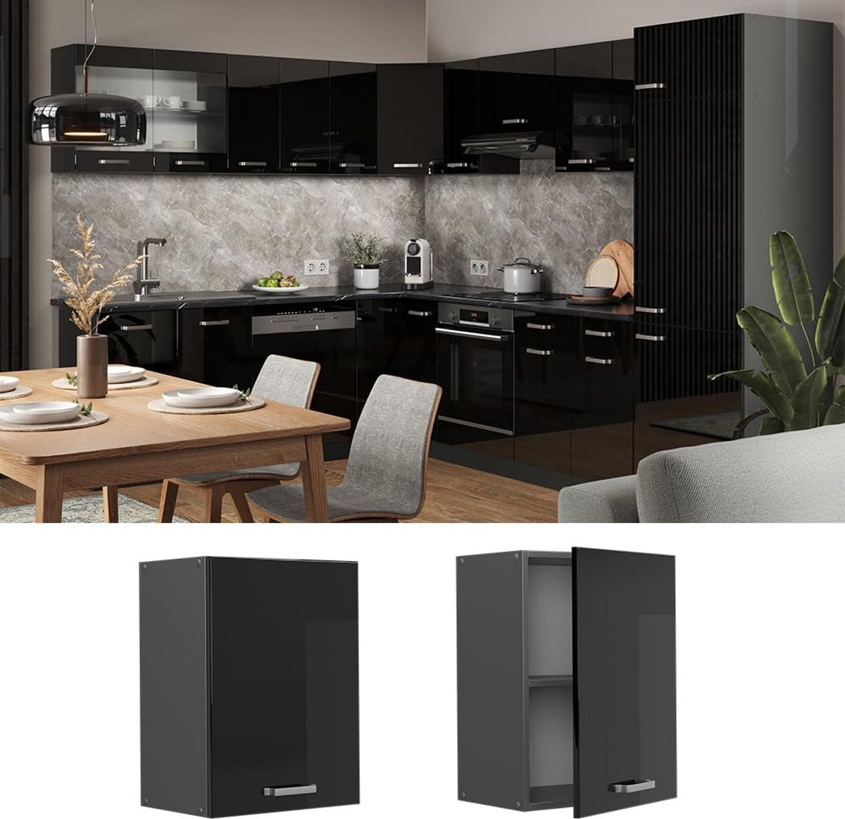 Modulaire hangende keukenkast in zwart hoogglans en antraciet, breedte: 45 cm