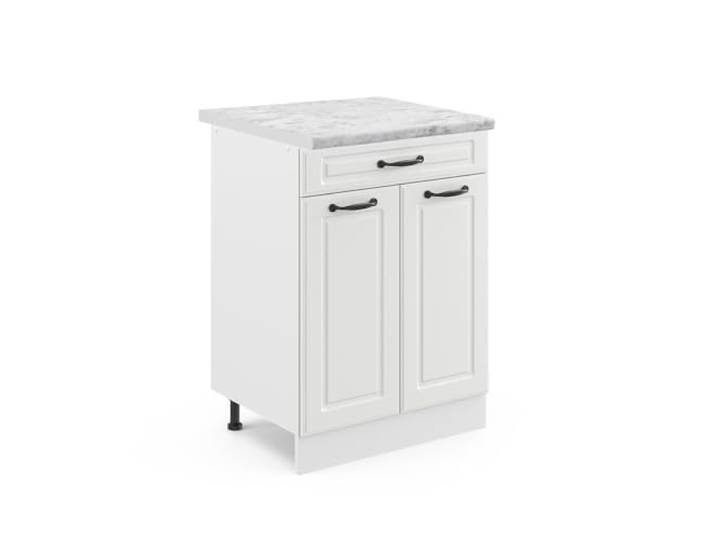 Vicco Küchenunterschrank R-Line, Weiß Landhaus, 60 cm MDF-Front · Arbeitsplatte Marmor · Höhenverst. Füße · 2 Türen · Leichter Zugriff