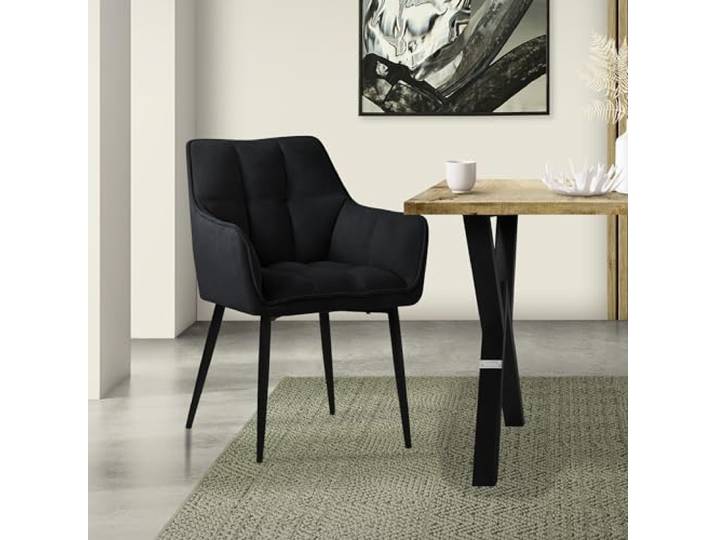 ML-Design Esszimmerstühle aus Frotteestoff, Schwarz, Küchenstuhl dickem gepolsterter Sitz & Metallbeinen, Wohnzimmerstuhl mit Rücken- und Armlehnen, Polsterstuhl, Ergonomischer Loungesessel Sessel