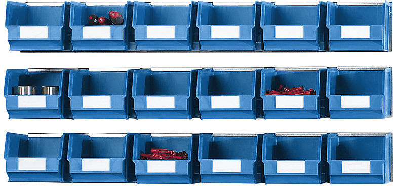 kaiserkraft Einhängeschienen-Set mit Sichtlagerkästen, 3 Schienen, 18 Kästen, blau