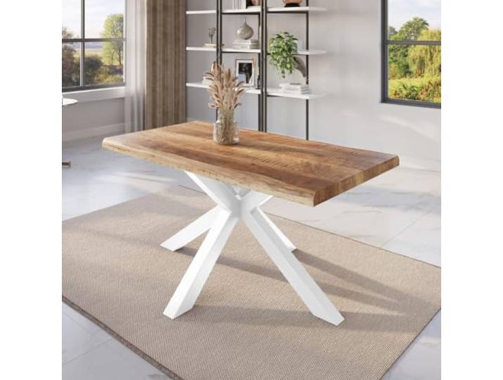 trelevo Esszimmertisch 140x80 cm Mango massiv Spider-Gestell Baumkante Mangoholz, Tischplatte Natur/rau, weiß, Baumkantentisch
