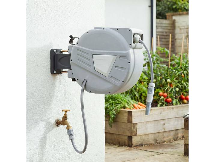 Outsunny Enrouleur Tuyau Mural 20m Rétractable Pivotant Gris