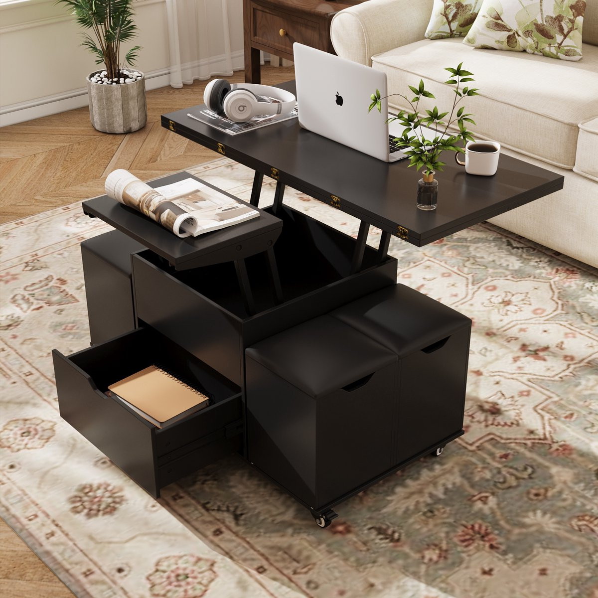VOWNER 3-in-1 multifunctionele salontafel met lade en 4 krukjes voor volwassenen