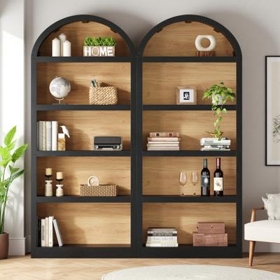 ZWYO HOSIMU 68.8in MDF 5-Tier Tall Bookshelf Set of 2 with Arched Fabric Top, Open Display Cabinet with 8 Shelves & Anti-Tip Device