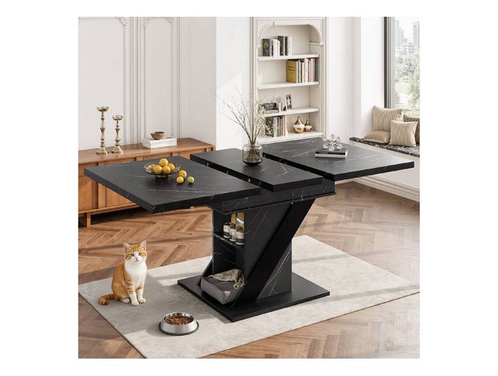 HAUSS SPOLE Esstisch mit Staufach,Küchentisch Wohnzimmertisch ausziehbar mit Marmoroptik (mit schwarzer Marmoroptik, platzsparend & flexibel, für Küche, Wohnzimmer & kleine Apartments, hochwertig, robust und pflegeleicht, 1-St., Aufgeklappt:110x80x75cm Zusammengeklappt:140x80x75cm)